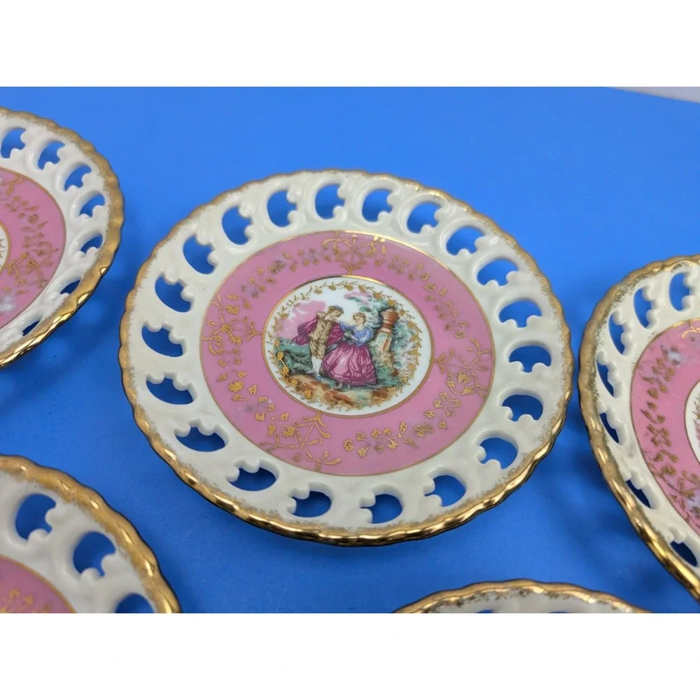Vtg Kanekoh Japan Fine China Set of 5 Reticulated Saucer Plate Victorian Lover